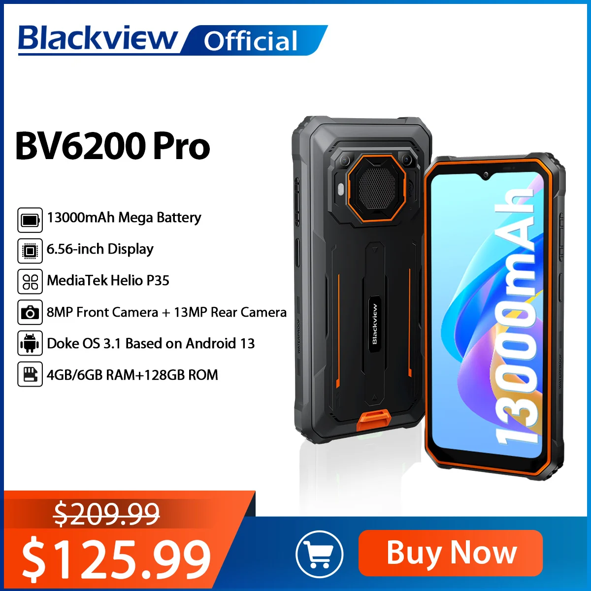 Blackview BV6200 Pro Rugged Phone Android 13 6.56” Helio P35, 4GB+128GB Smartphone 13000mAh With 18W Fast Charg NFC Cell Phone