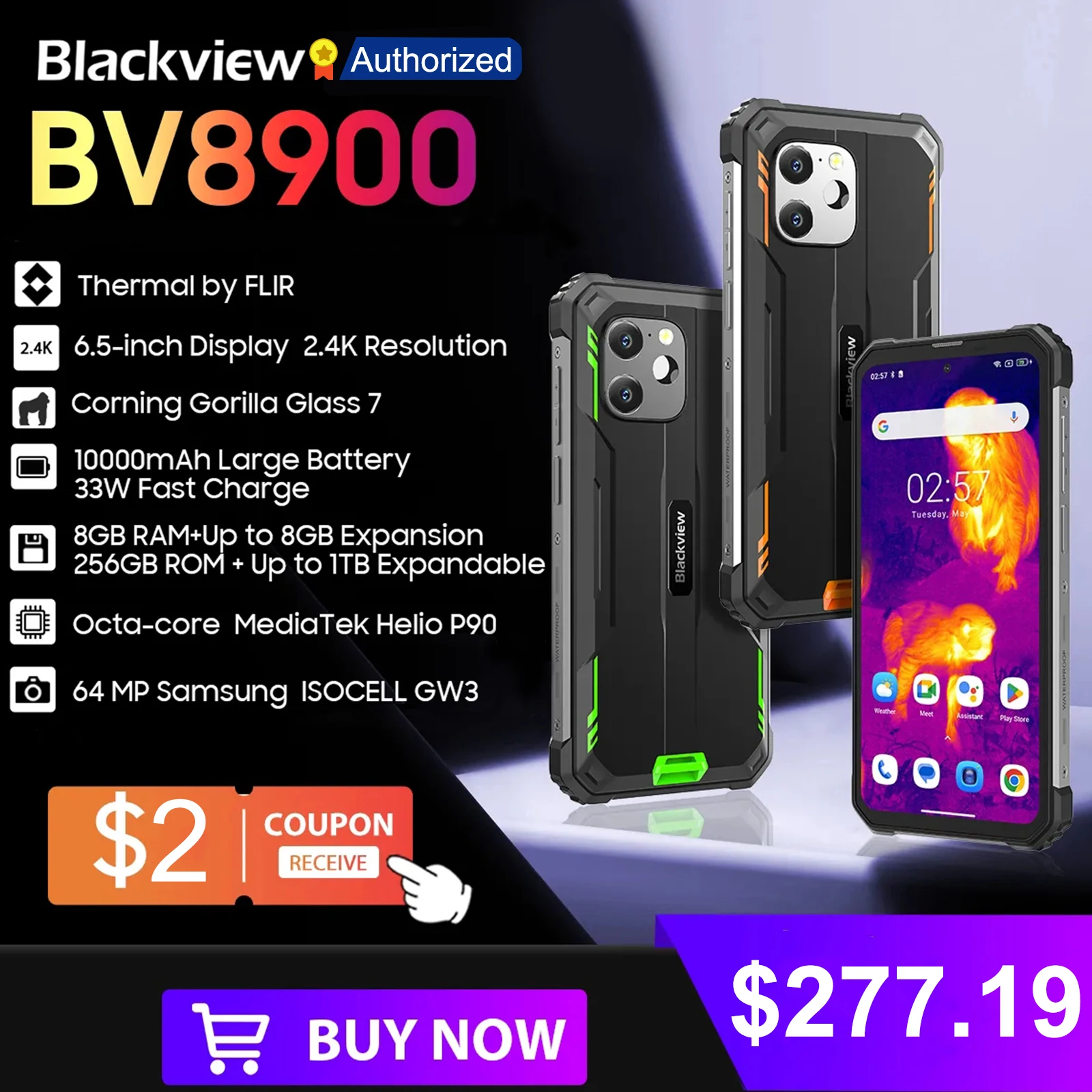 Blackview BV8900 Rugged Thermal Smartphone 6.5” Display 16GB 256GB Android 13 Helio P90 Mobile Phone 10000mAh Battery 64MP