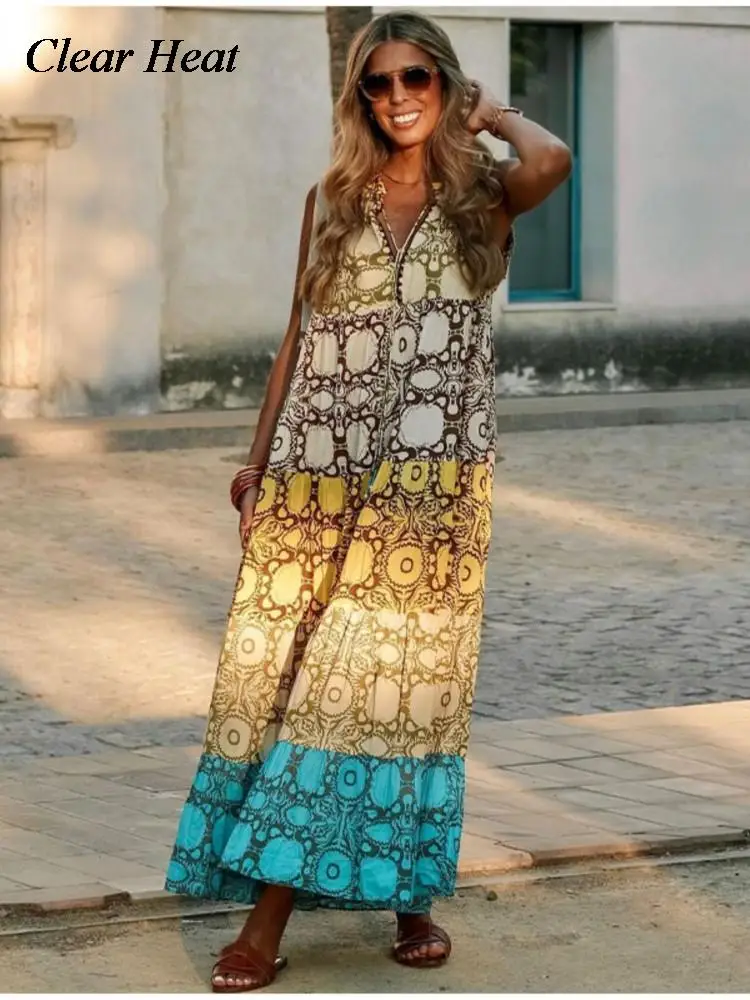 Bohemian Printed Loose Maxi Dress For Women Fashion Contrast V-neck Sleeveless Dresses 2023 Summer Chic Beach Vacation Robes