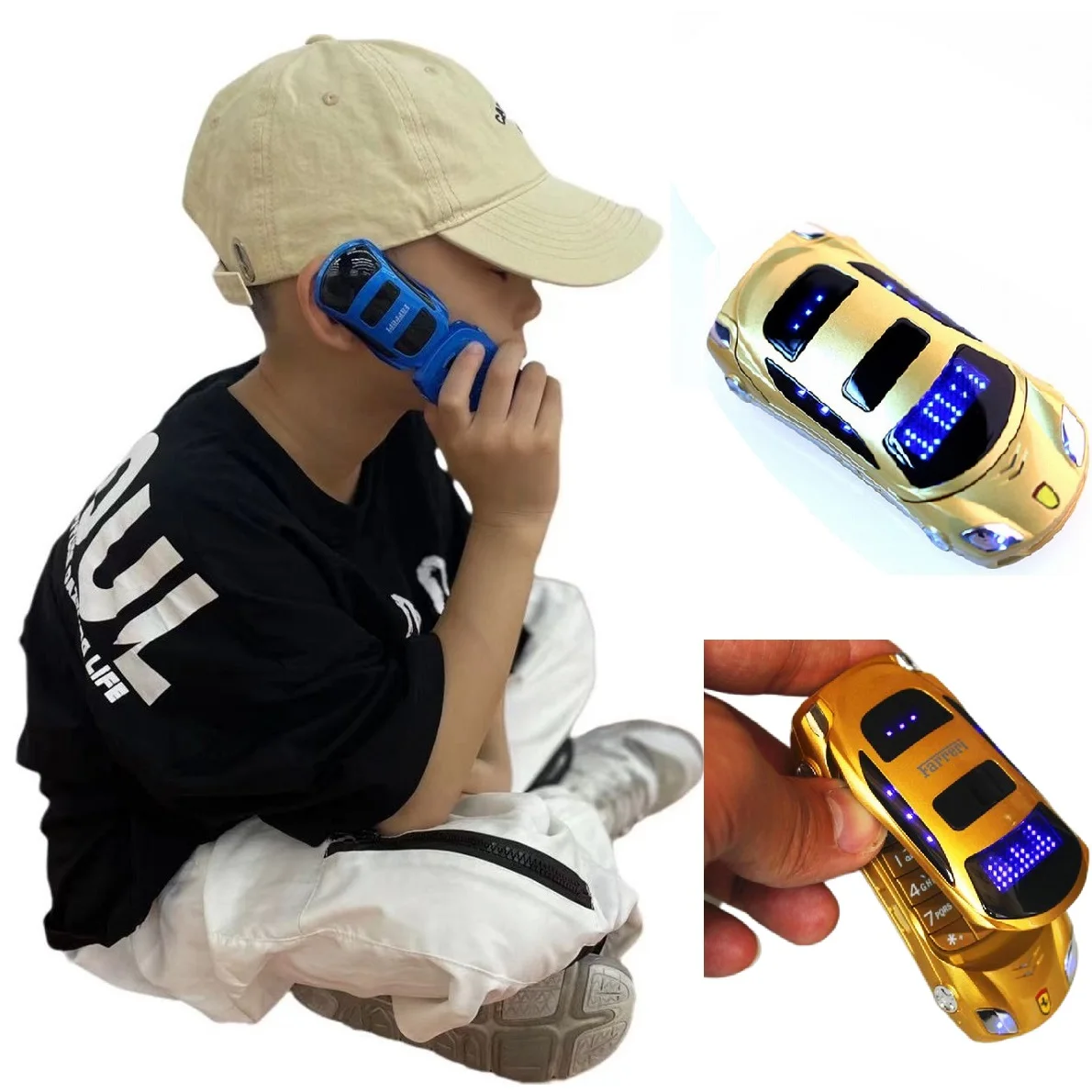 Car Shape Flip Small Cellphone Blacklist Dual Sim Card Child Mp3 FM Radio Recorder Toy Model Cartoon Mini Mobile Phone Easy Work