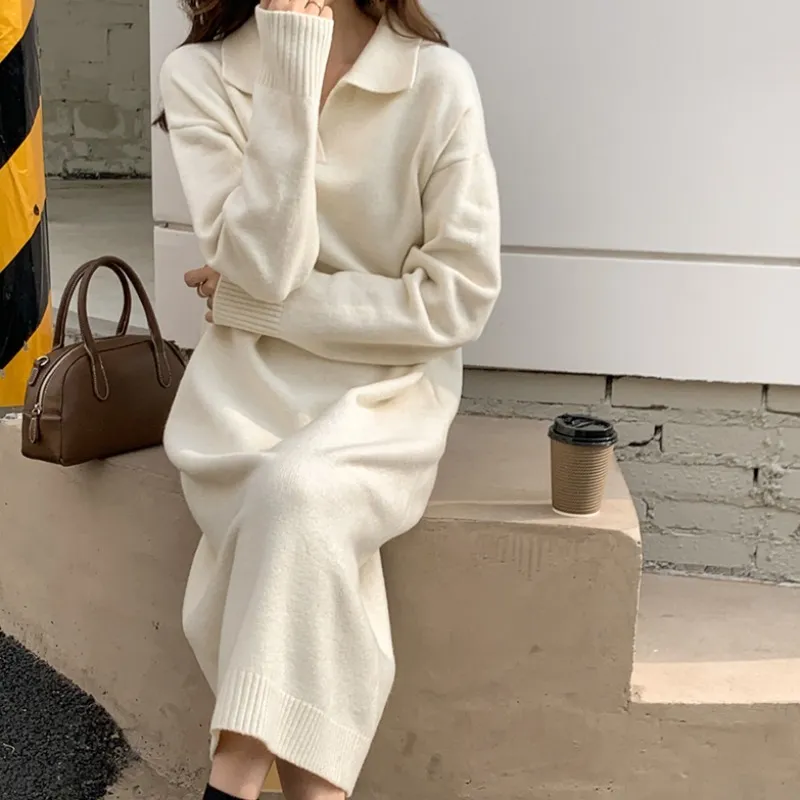 Casual Thicken Warm Loose Sweater Dress Women Autumn Winter Lapel Full Sleeve Solid Long Knit Dress Vestidos De Mujer Robe Femme