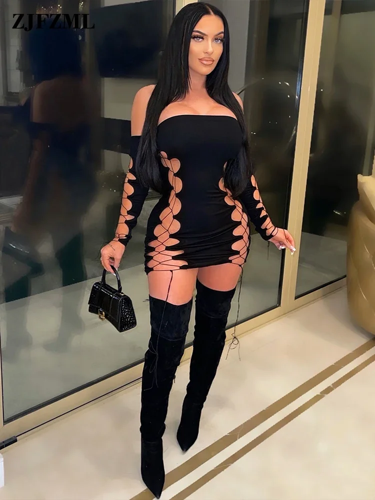 Chic and Elegant Woman Lace Up Hollow Mini Dress Sexy Birthday Clubwear Outfits Female Off The Shoulder Long Sleeve Party Robe