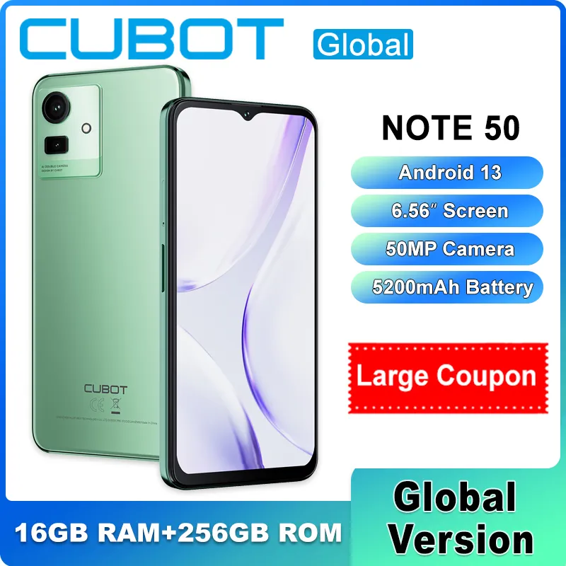 Cubot NOTE 50 6,56 – дюймовый экран, Unisoc T606, 16 ГБ RAM + 256 ГБ ROM, 50 – МП камера, батарея 5200 мАч, Android 13, NFC 4G с