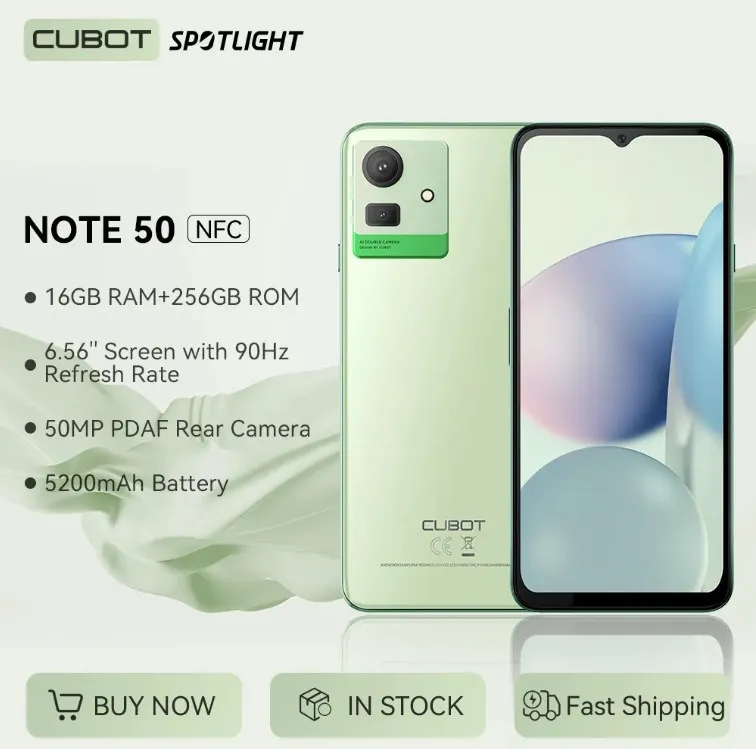 Cubot NOTE 50 Smartphone Android 13, 16GB RAM(8GB+8GB Extended), 256GB ROM, Octa-core,6.56“ 90Hz Screen,NFC, 50MP Camera,5200mAh