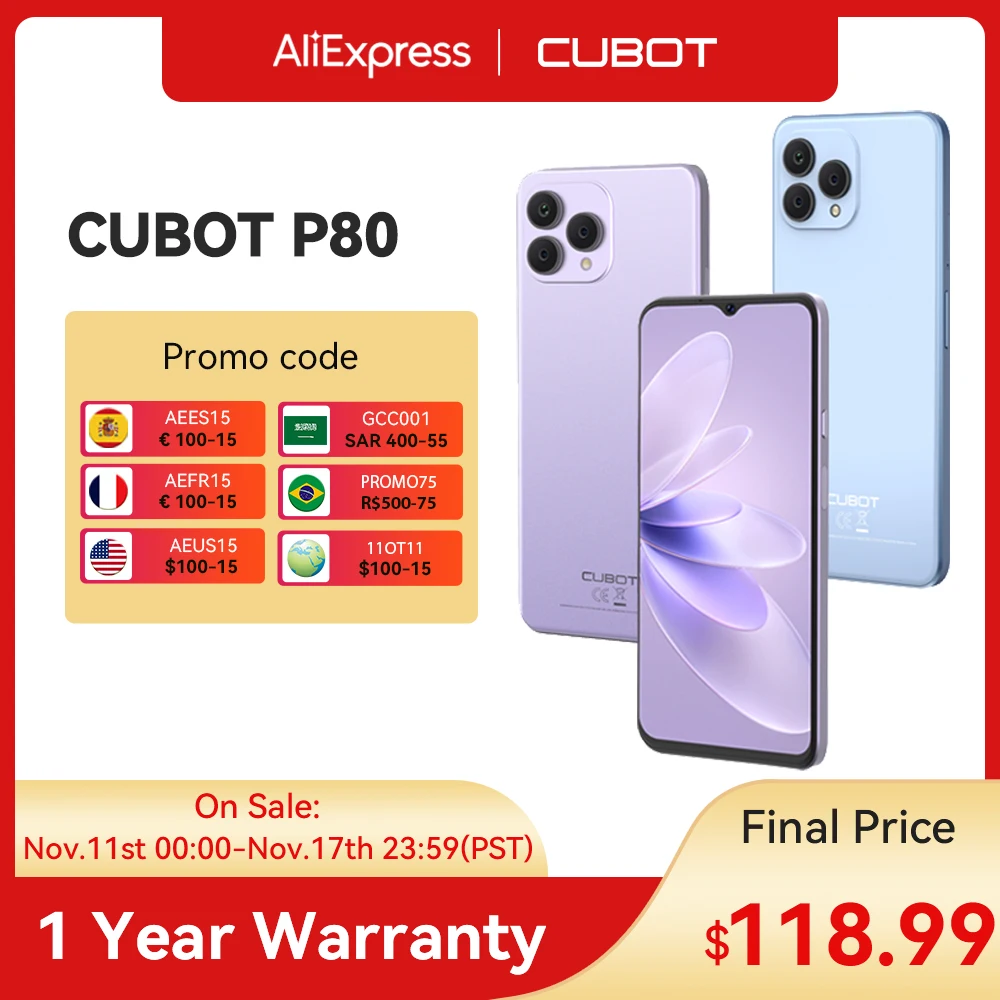 Cubot P80 Android 13 Smartphone Global Version 6.583 Inch FHD+ 8GB 256GB NFC 48MP Camera 5200mAh Battery GPS Smart Cellphone
