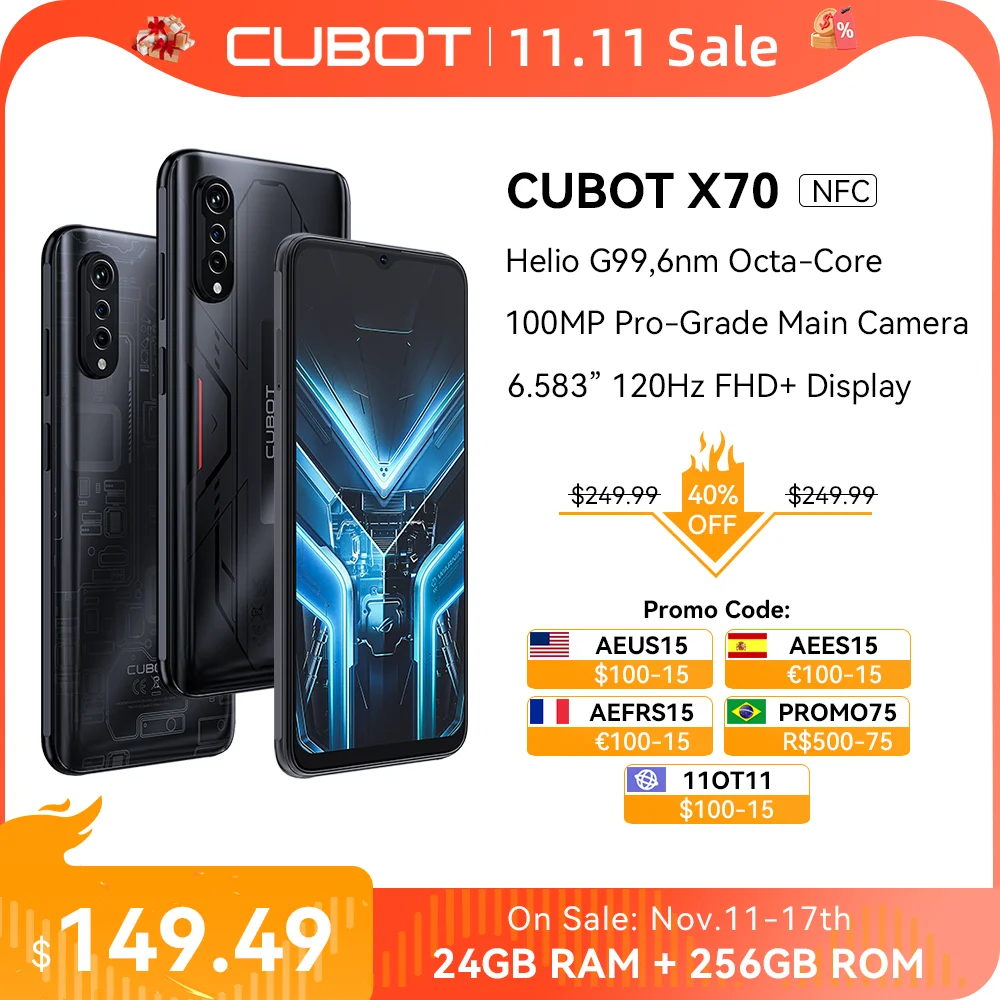 Cubot X70, Smartphone Android 13, Helio G99, Octa-Core, 120Hz 6.583 Inch Screen, 24GB RAM(12+12GB), 256GB ROM, 100MP Camera, NFC