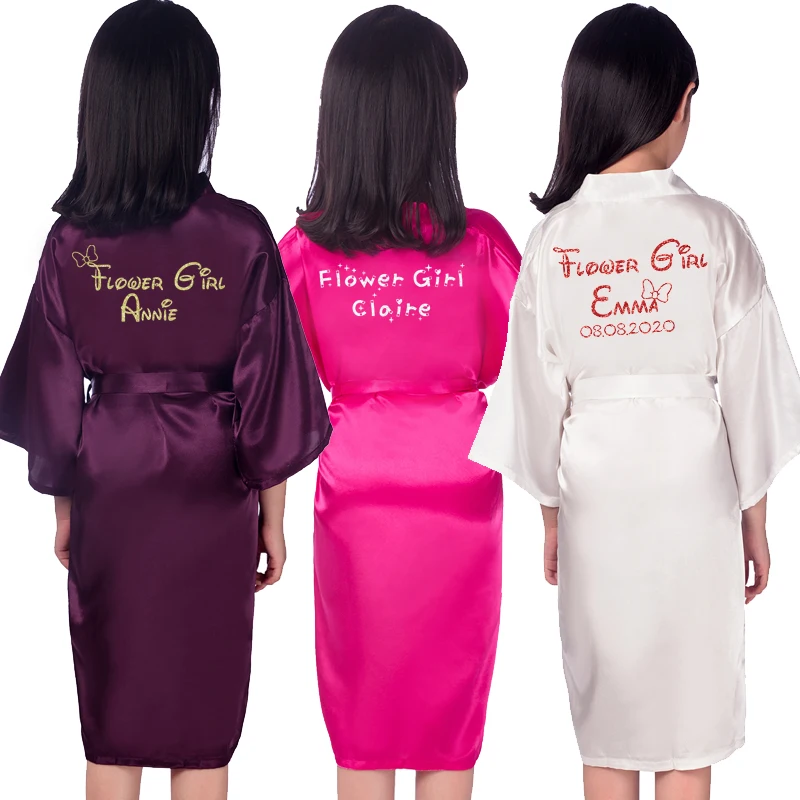 Customize Name Date Flower Girl Kimono Robes Wedding Bathrobes Pajamas Kids robe+belt Nightdress Brial Party Kid Robe