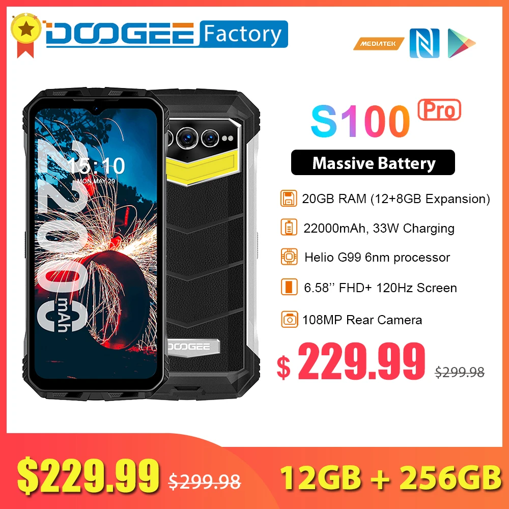 DOOGEE S100 Pro 22000mAh Smartphone 12GB 256GB Helio G99 6nm 108MP Moible Phone 6.58 Inch FHD Camping Light Rugged Cellphone