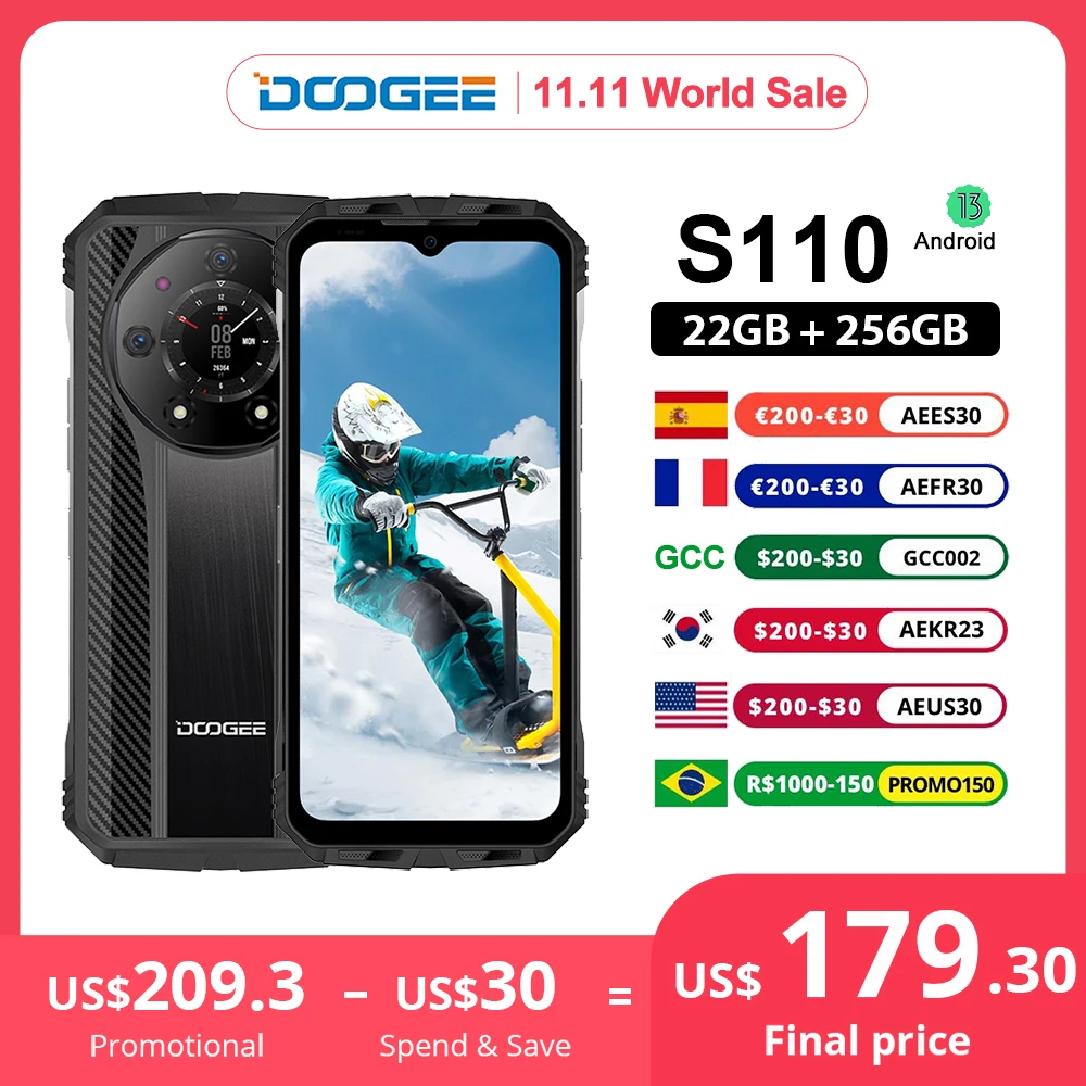 DOOGEE S110 12GB 256GB Smartphone Helio G99 Mobile Phone 6.58” FHD 120Hz Screen 10800mAh 66W Fast Charging Android 13 Cellphone