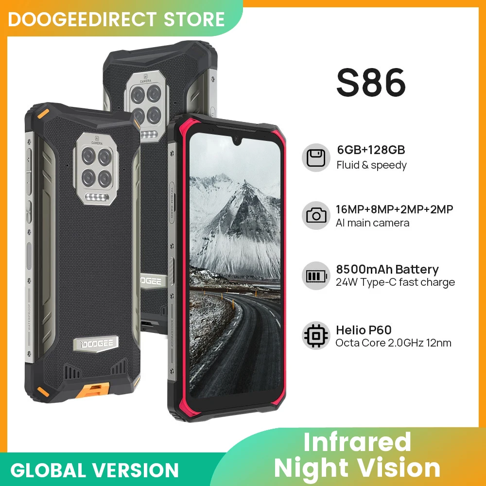 DOOGEE S86 Rugged Smartphone 6GB+128GB 8500mAh Super Battery  Smart Phone IP68/IP69K Mobile Phone HelioP60 Octa Core Android 10