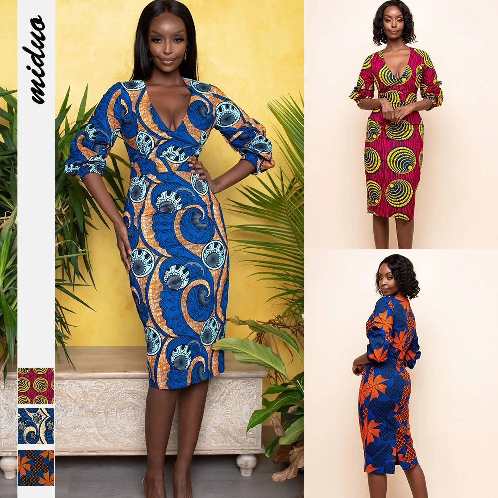 Dashiki African Dress for Women Digital Print Sexy V-neck Dresses Elegant Lady Slim Bodycon  OL Office Clothes Party