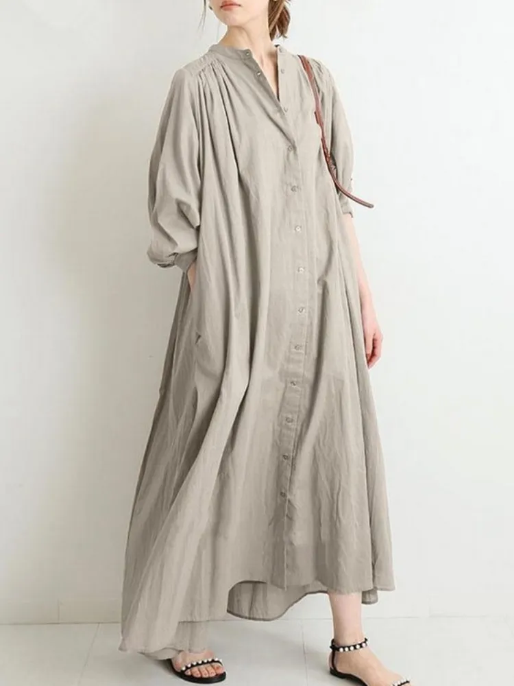 Dresses for Women 2022 Women’s Solid Color Cotton Linen Retro Pleated Large Swing Loose Casual Long Dress Elegant Dresses Robe