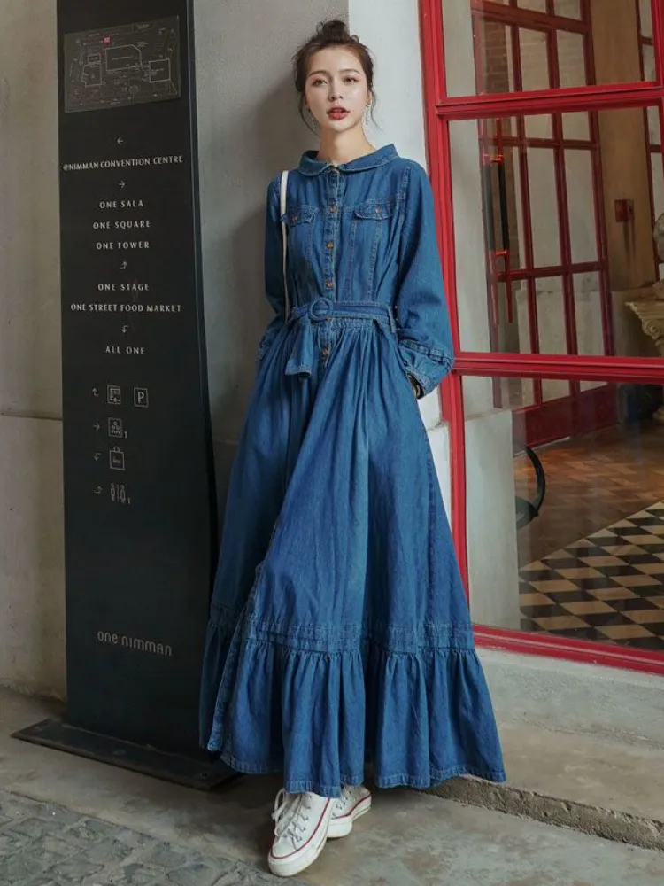 Dresses for Women 2023 Autumn Winter Fashion Versatile Women’s Clothing French Retro Denim Robe Solid Large Skirt Hem Long Dress