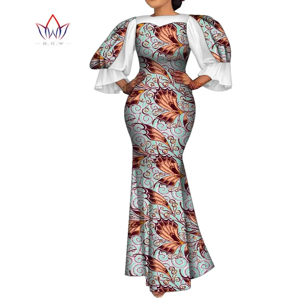 Elegant African Wax Print Dresses for Women Riche Patchwork Long Sleeve Dashiki Women Dress African Clothing Vestidos Wy2187