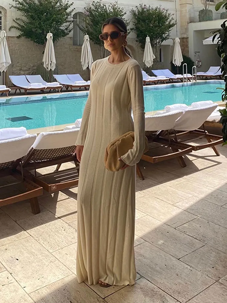 Elegant Loose Solid Women Knitted Maxi Dress Female O-neck Long Sleeve Pleated Dresses 2023 Autumn Chic Streetwear Lady Robe