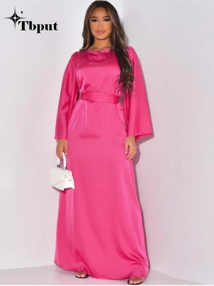 Elegant Satin Solid Maxi Dress For Women Fashion O-neck Long Sleeve Lace-up Robes 2023 New Ladies Chic Party Club Vestidos