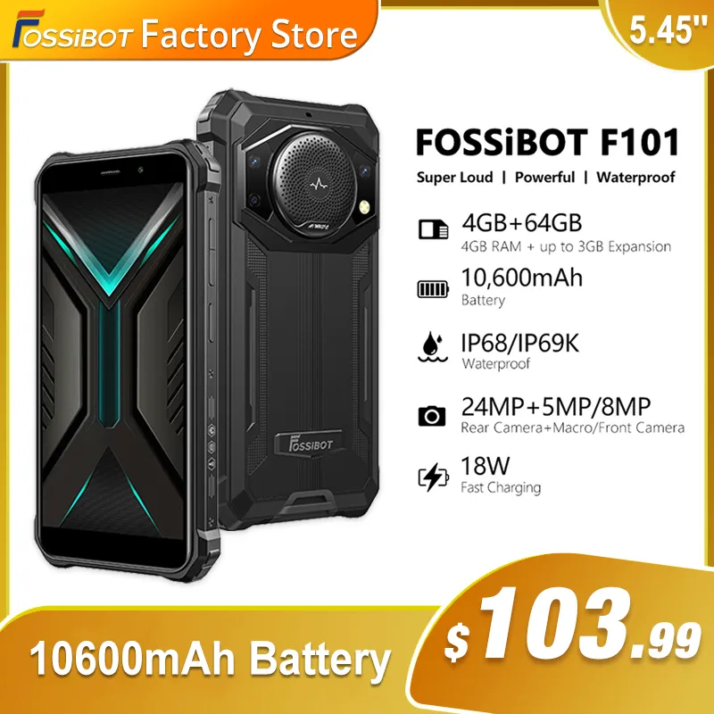 FOSSiBOT F101 Rugged Smartphone 10600mAh 5.45‘’ 123db Lound Speaker Mobile Phone 4GB 64GB Cellphone 24MP Camera Android Phone