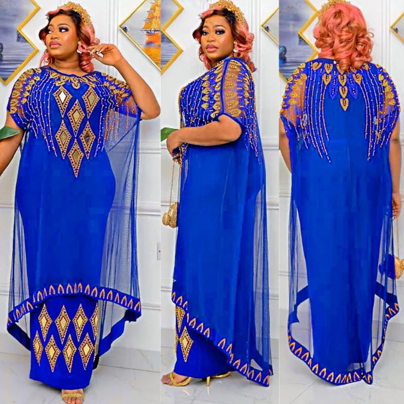 Fake Two-Piece African Dresses for Women 2023 Traditional Nigeria Mesh Hot Drill Caftan Dress Abaya Musulman Robe Femme Clothes