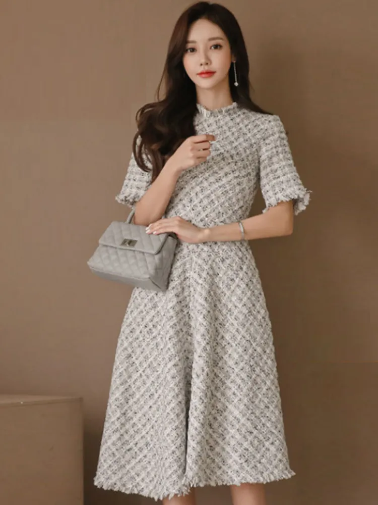 Fashion Korean Elegant Midi Tweed Dress Women Luxury Chic Casual Plaid Slim Gown Robe Femme Ladies Female Mujer Party Vestidos