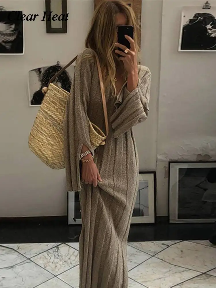 Fashion Women Spring Slit Ribbed Knitted Maxi Dress Casual Basic Loose Long Sleeve Sweater Dresses Female Warm Elegant Long Robe