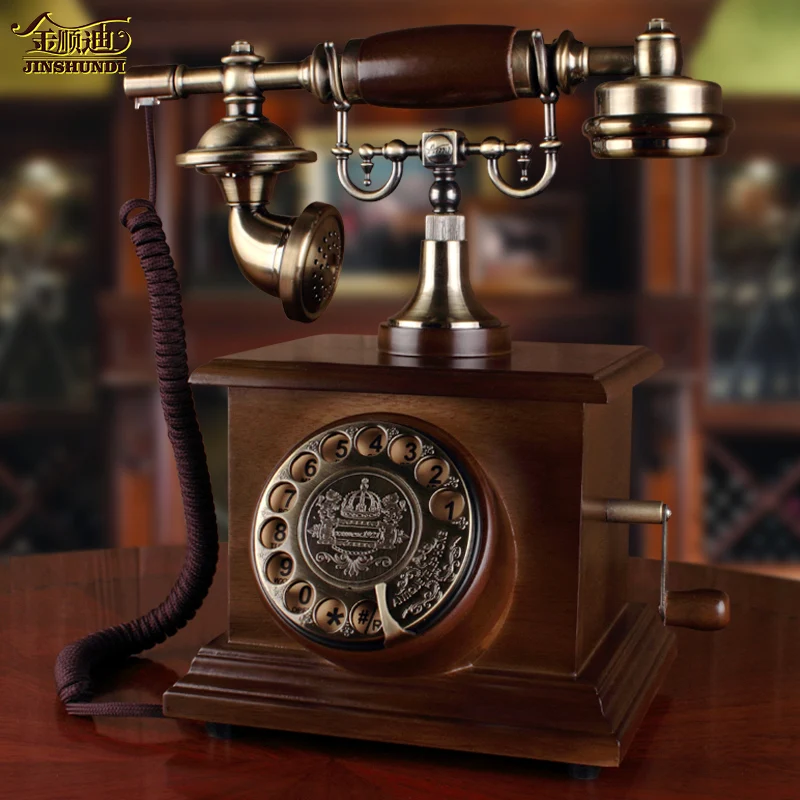 Fashion vintage old fashioned solid wood rustic home rotating disk landline fixed phone