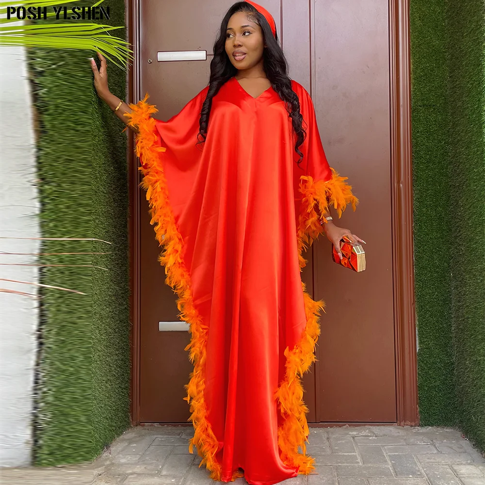 Feather African Dresses for Women 2023 Traditional Nigeria Wedding Plus Size Abaya Dubai Boubou Dress Muslim Robe Femme Clothes