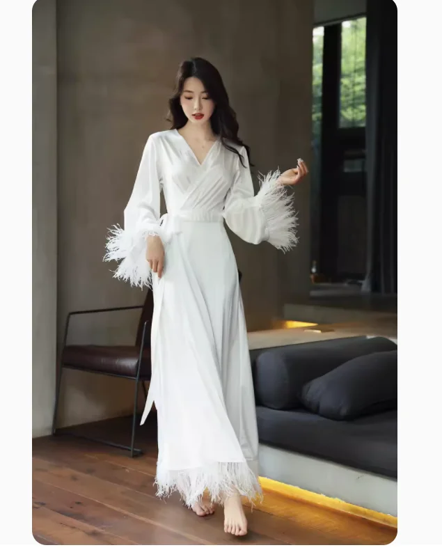 Feather Wedding Jacket Party Dress Long Coat Bridal Robe Bride Cape Chiffon Satin Long Sleeve Jackets