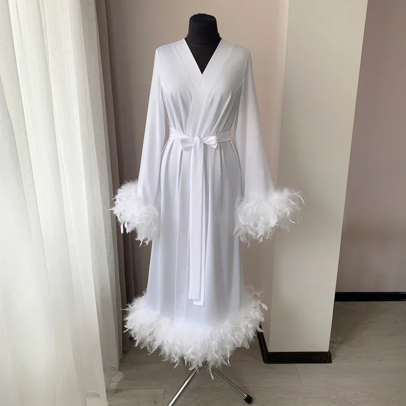 Floor Length Maxi Dressing Gown Robes Long Bridal Robe with Feathers Boudoir Bridesmaid Gifts Satin Feather Trim Bride Kimono