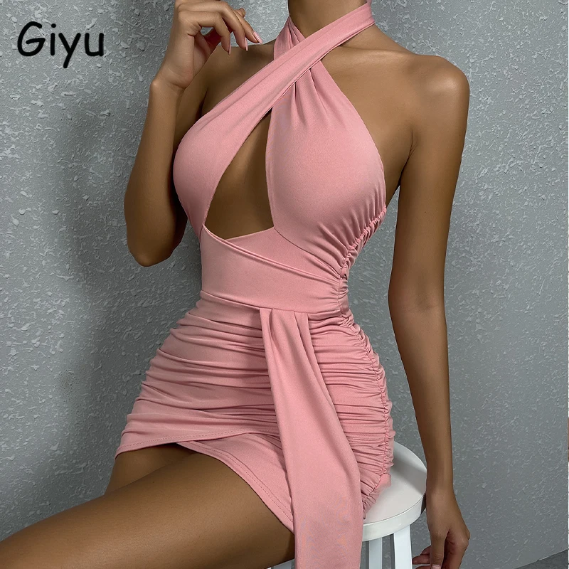 Giyu Sexy Bodycon Dresses Women Summer 2023 Club Party Mini Vestidos Halter Backless Ruched Hollow Out Draped Casual Short Robe