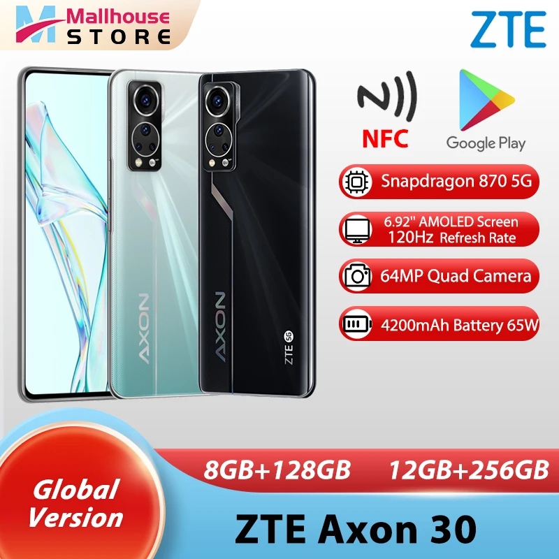 Global Version ZTE Axon 30 5G Smartphone 5G Snapdragon 870 120Hz 6.92” AMOLED Display 65W FastCharge 64MP Quad Camera