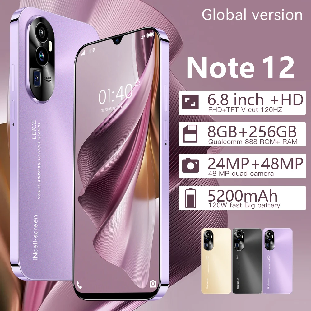 Global version Cellphone NOTE12 smartphone 6.8inch cell phones android13 8gb 256gb 128gb gaming celular original mobile phones