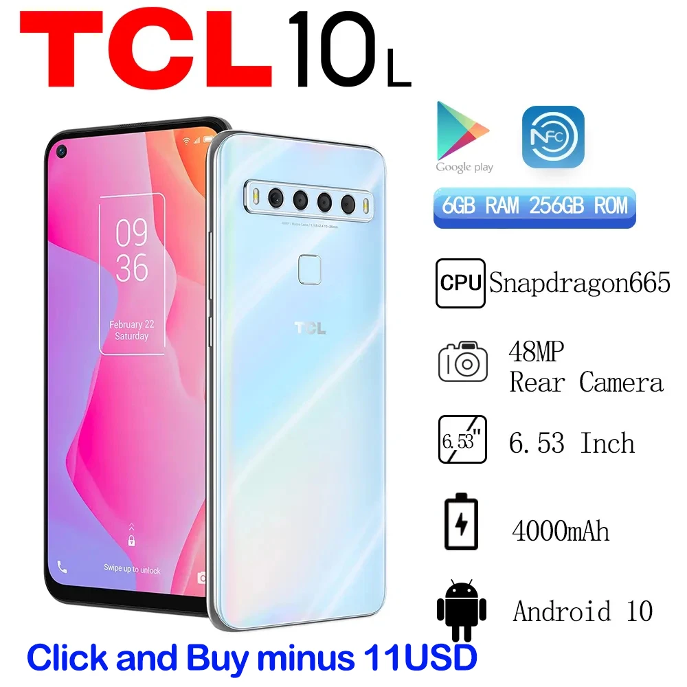 Global version TCL 10L T1 Lite Global Version 48mp 6GB RAM 256GB ROM Qualcomm Snapdragon 665 6.53inch OTA Update