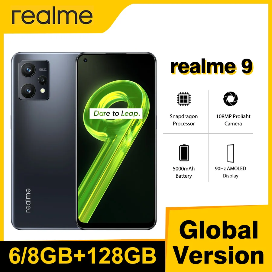 Global version realme 9 Smartphone 8GB 128GB 108MP Camera 6.4” Super AMOLED Display Snapdragon Octa-core Processor 33W 5000mAh