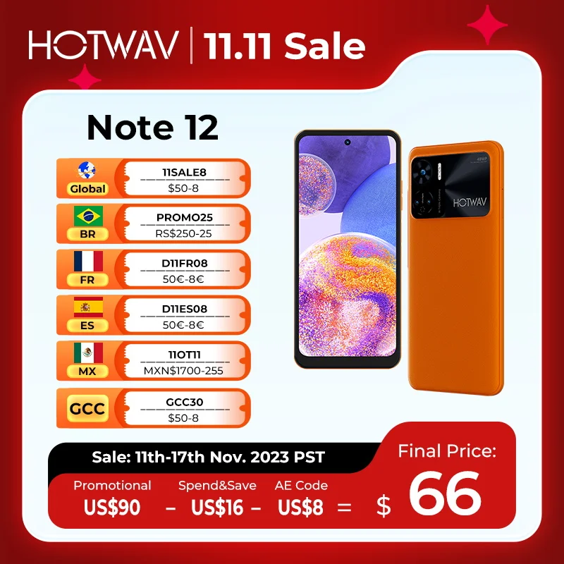 HOTWAV Note 12 6.8” HD+ Large Display Android 13 8GB+128GB Octa-Core 48MP Triple Camera NFC 6180mAh Battery PD3.0 20W Charging