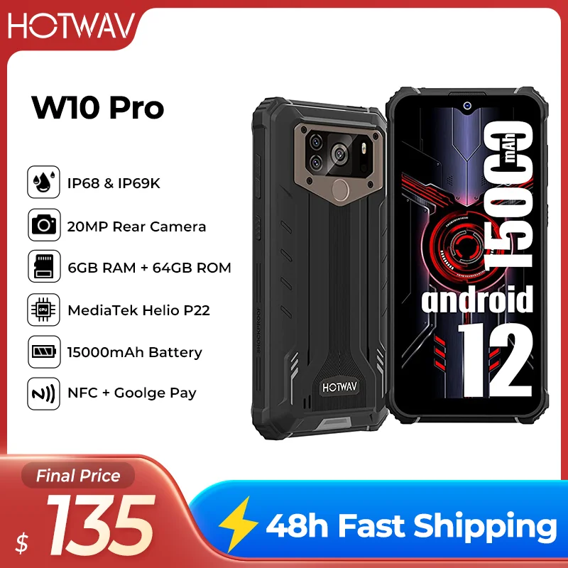 HOTWAV W10 Pro Rugged Phones IP68 Waterproof P22 Android 12 Cellphone 6GB+64GB 6.53\