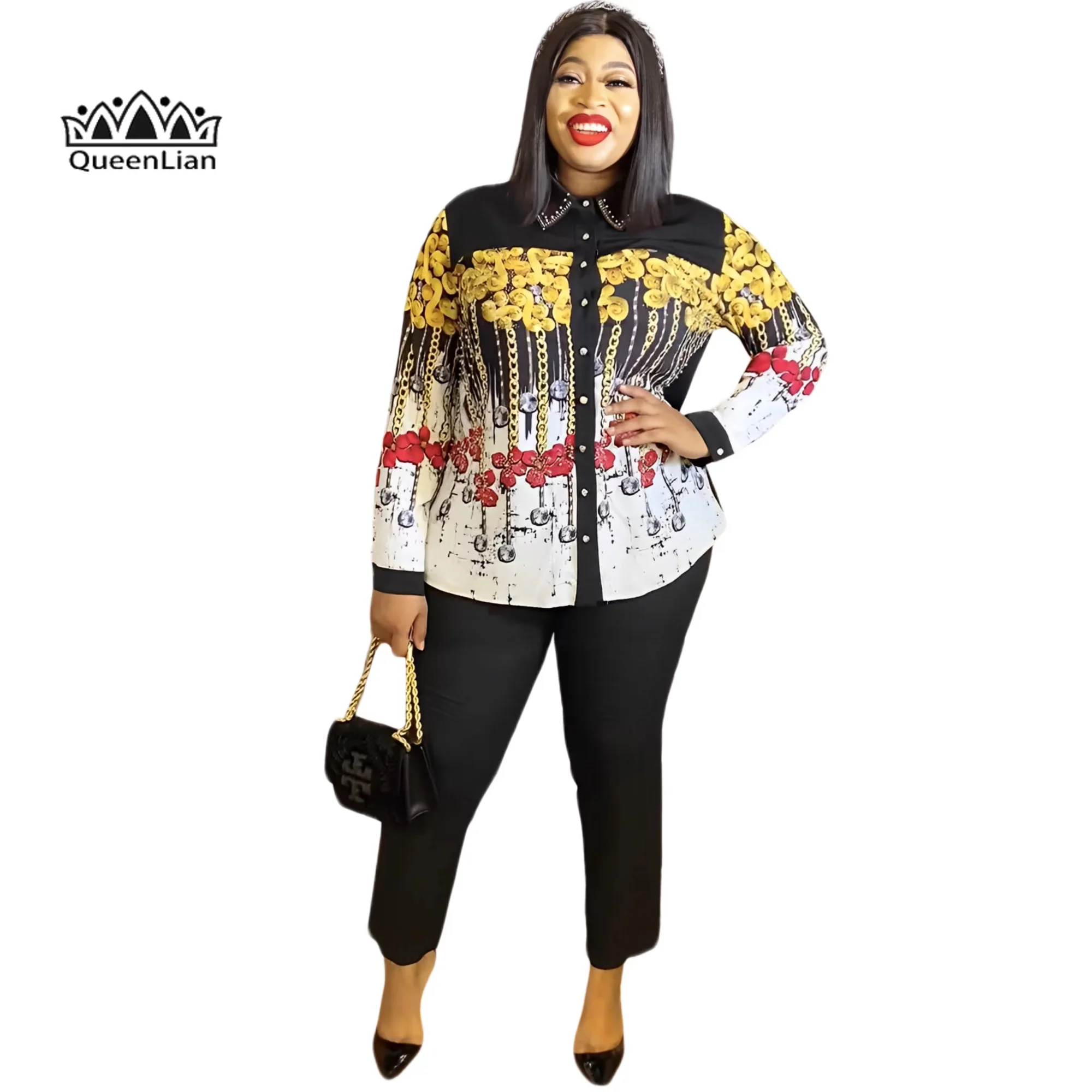 High Quantity 2-piece Shirt and Pants with Diamond Printed African Fashion Dashiki  Turkey Women’s Party Suit