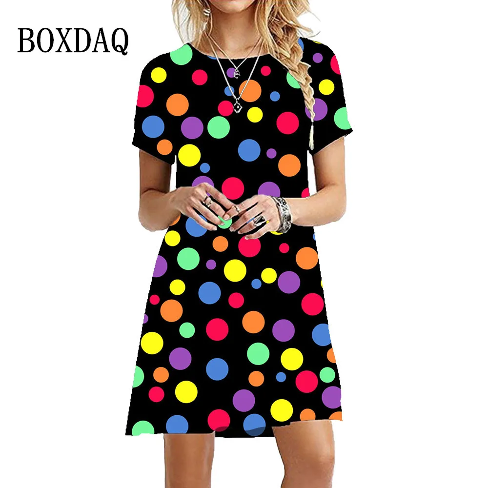 Hot Sale Colorful Polka Dot Dress Women Fashion Street Wear Short Sleeve Oversized Clothing Summer Casual Loose Mini Dress Robe