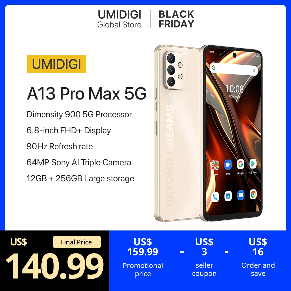 [In Stock] UMIDIGI A13 Pro Max 5G Smartphone,12GB+256GB Dimensity 900, 90Hz 6.8” FHD+ Display 64MP Triple Camera Cell Phone