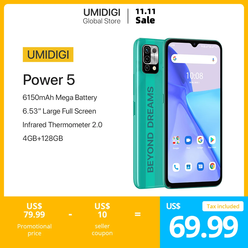 In Stock UMIDIGI Power 5 Android 11 Smartphone 128GB Helio G25 16MP Triple Camera 6150mAh 6.53” Display Global Version Cellular