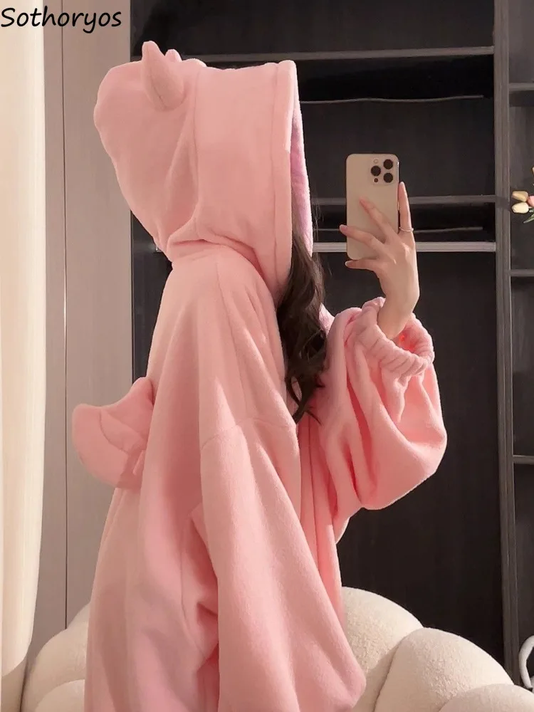 Kawaii Robes Women Winter Coral Velvet Pure Loose Hooded Design Chic Thicken Comfortable Students Ins Stylish New Sweet Popular