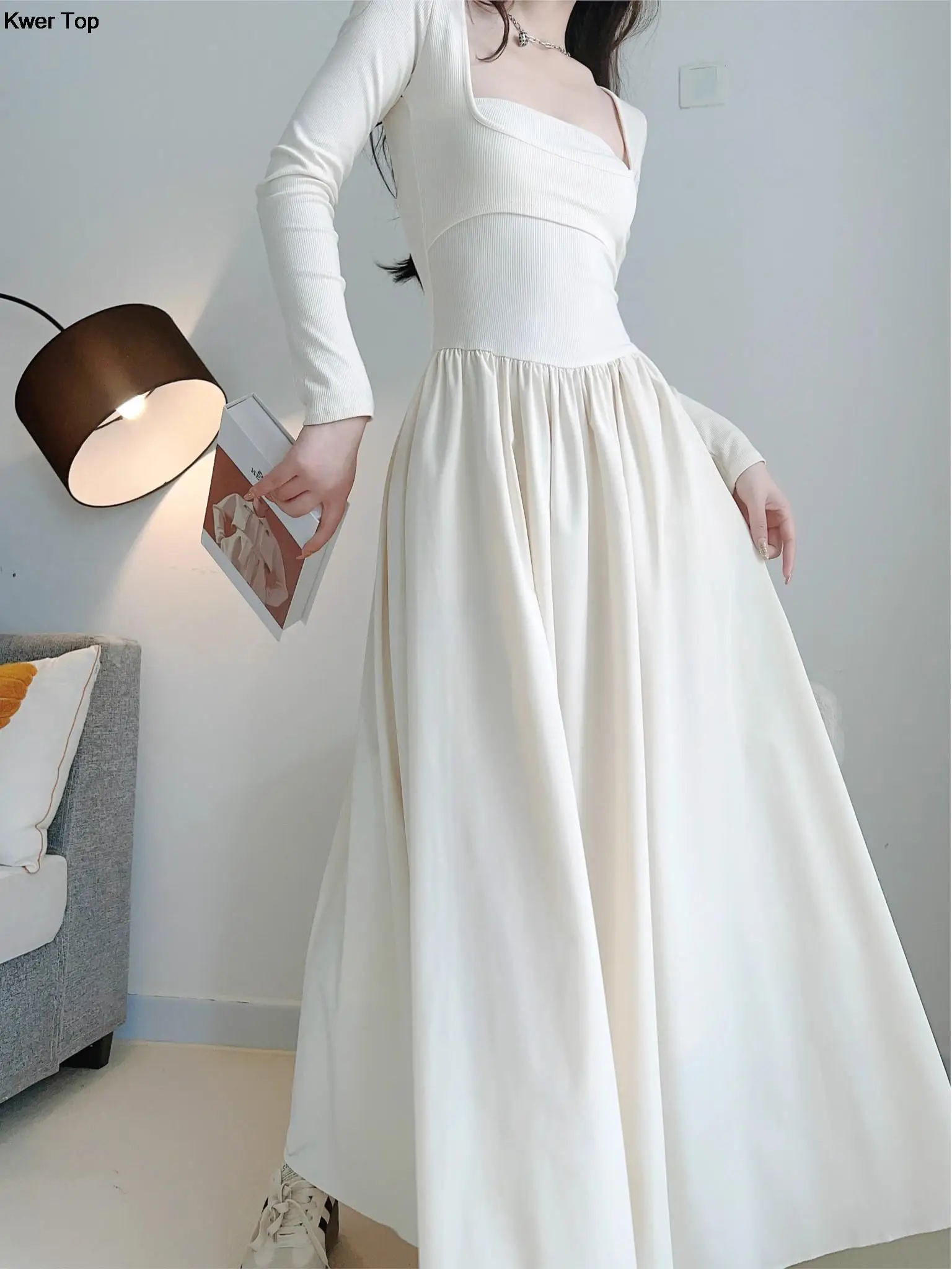 Korean Fashion High Waist A Line Long Dress Women Elegant Bodycon Evening Party Robe Spring Autumn White Clothes Female New