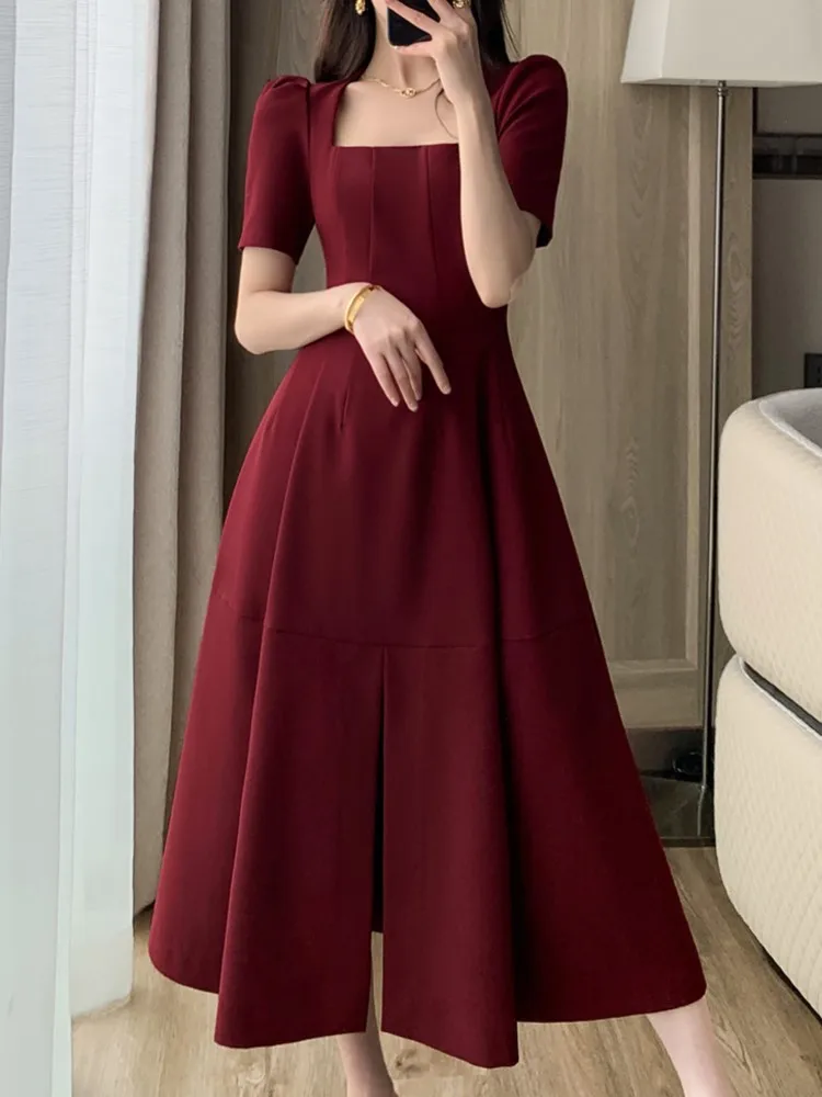 Korean Fashion Women Summer Elegant Casual Red Dress Vintage Chic Solid Party Wedding Vestidos Female Birthday Robe Mujers New