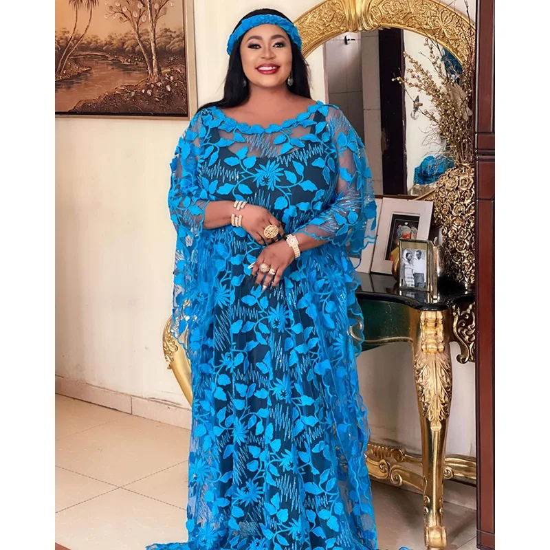 Lace Polyester African Dresses for Women Summer African Women Plus Size O-neck Long Robes African Clothes for Women