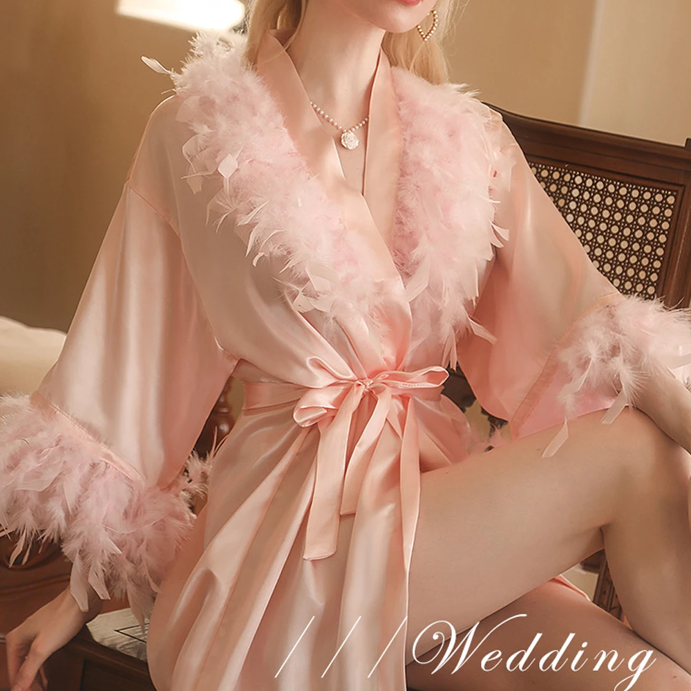 Luxury Feather Women Satin Sleepwear Robe Homewear Elegant Wedding Dress for Female Sexy Bride Morning Gown Loose Kimono Pajamas