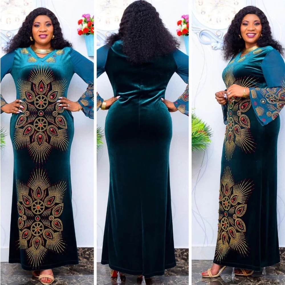 MD African Traditional Luxury Beads Velvet Mermaid Dresses Wedding Party Plus Size Evening Gown Kaftan Robe Africaine Vestidos