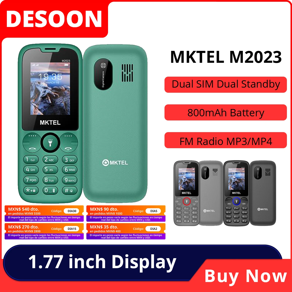 MKTEL M2023 Feature Phone with 1.77inch Display 800mAh Battery Dual SIM FM Radio Flashlight 0.08Mega Camera Senior Phone