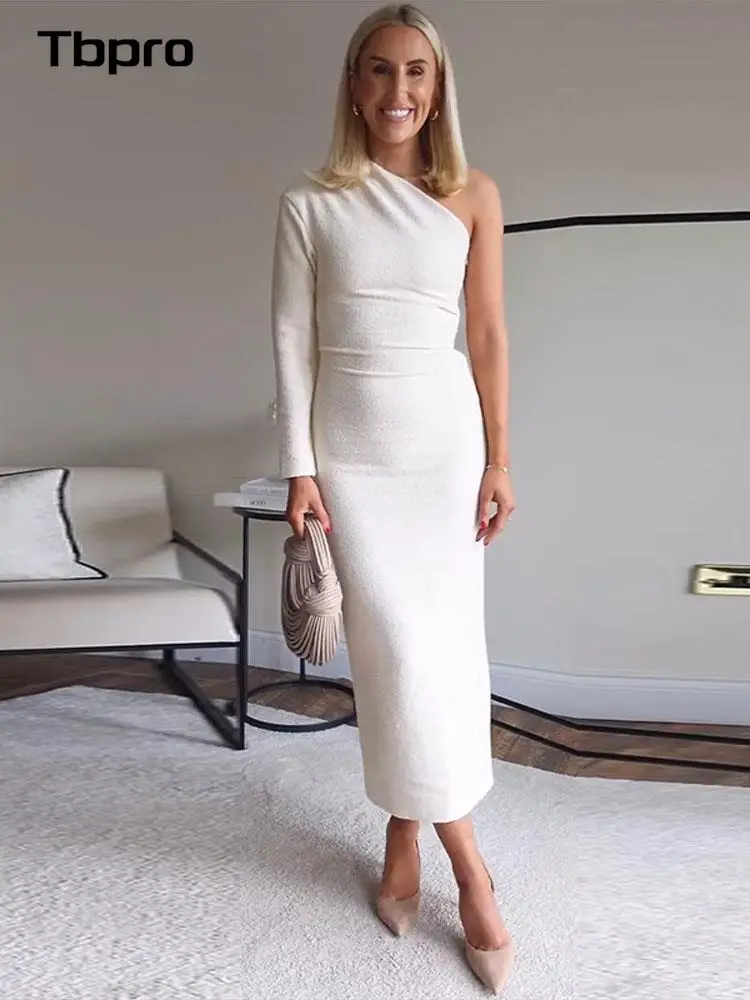 Midi Dress With Asymmetric Neckline And Long Sleeves Women Side Pleat Hidden Zip Back Slit Vestidos Elegant Chic Solid Robes