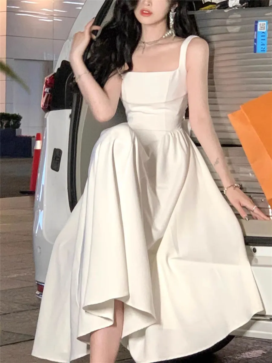 Midi White Dresses Summer New Women Elegant Lace Up Slim Clothes Wedding Evening Birthday Robe Holiday Prom 2023 Korean Dress