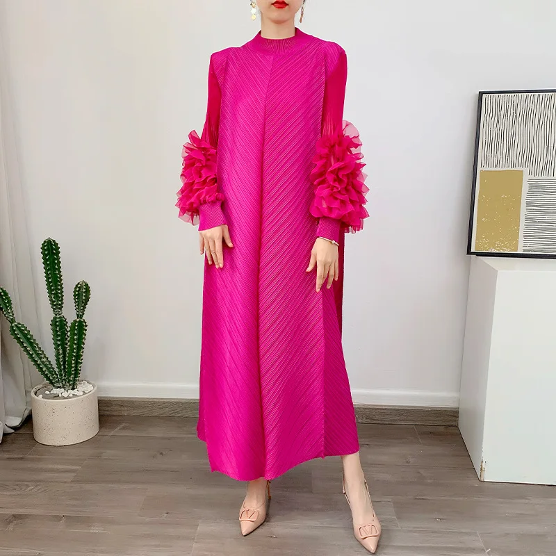Miyake Pleated Lace Embroidery 3D Petal Sleeve Long Dress Women 2023 Spring Summer New Solid Casual Loose Plus Size Robe