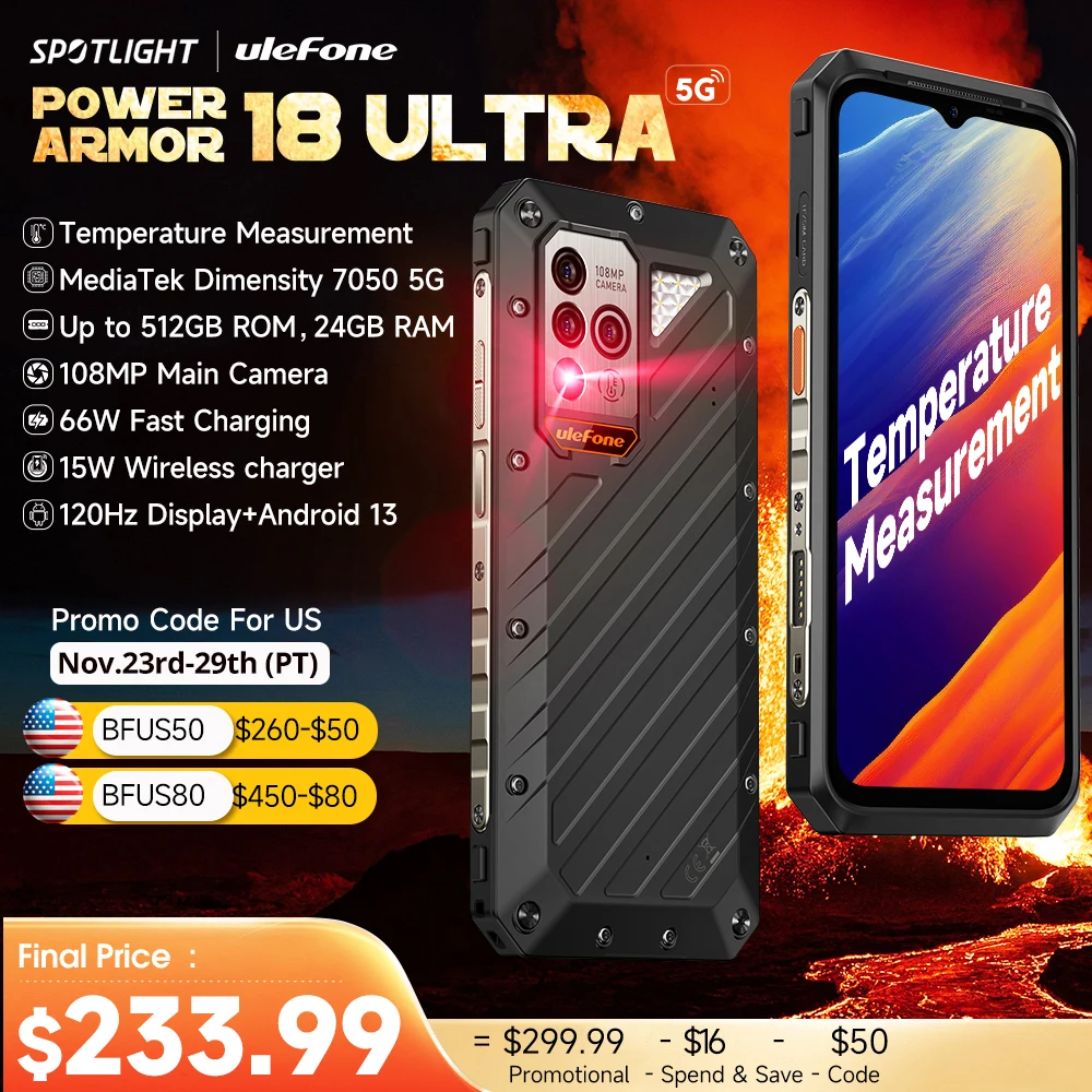 (NEW) Ulefone Power Armor 18 Ultra 5G, Dimensity 7050，24GB RAM,512GB ROM , Android 13,108MP Camera,9600 mAh 66W, 6.58\